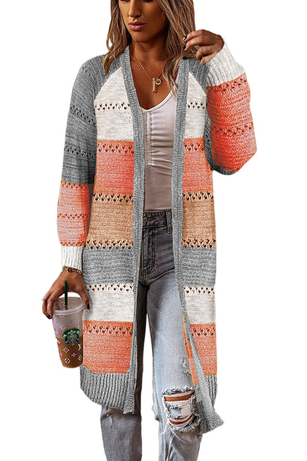 Women's knit jacket with a trendy color block design and airy crochet details Lune London