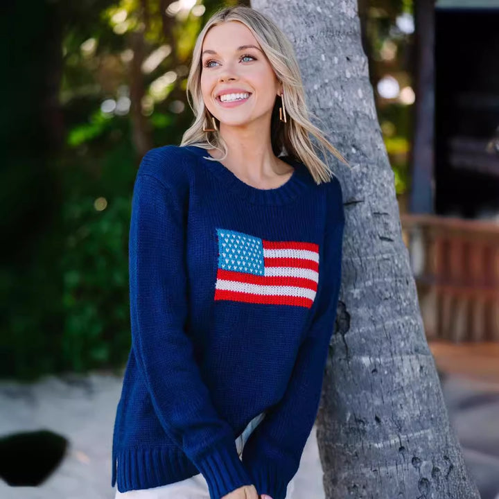 Trendy sweater for women with United States flag embroidery in airy cotton Lune London