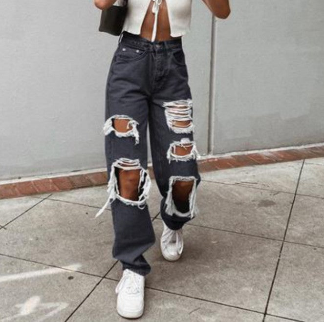 Women's Casual Destroyed Jeans with Wide Leg Lune London