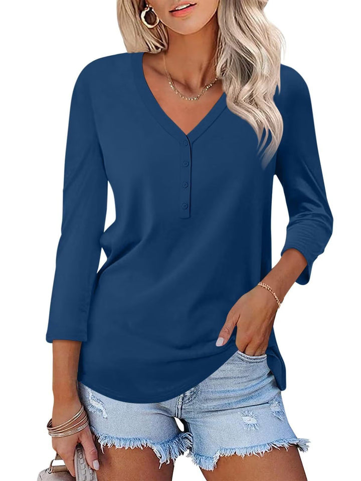 Women's Long Sleeve Shirt with Button Placket and V-Neck Chic & Stil