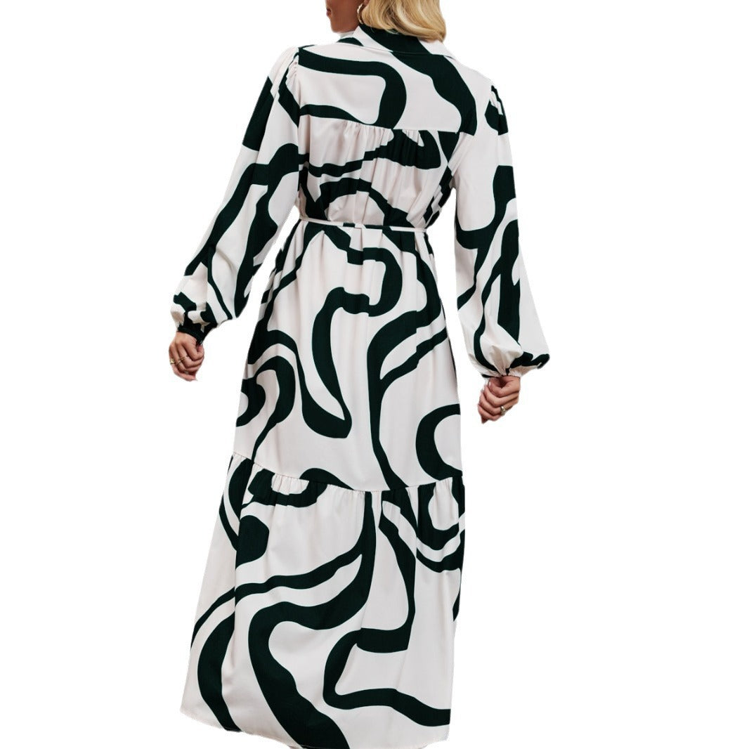 Women's Long Sleeve Dress with Sophisticated Graphic Design and Elegant Waist Belt Lune London