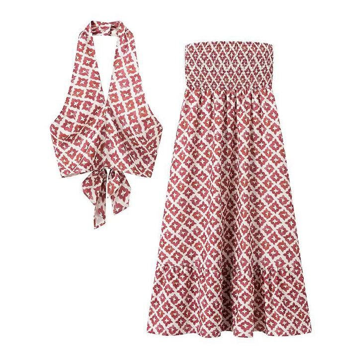 Maxi dress for women with elastic lace hem and playful pattern mix Lune London