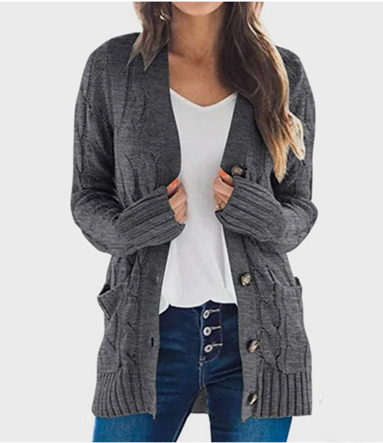 Knitted cardigan for women with cable pattern and practical pockets Lune London