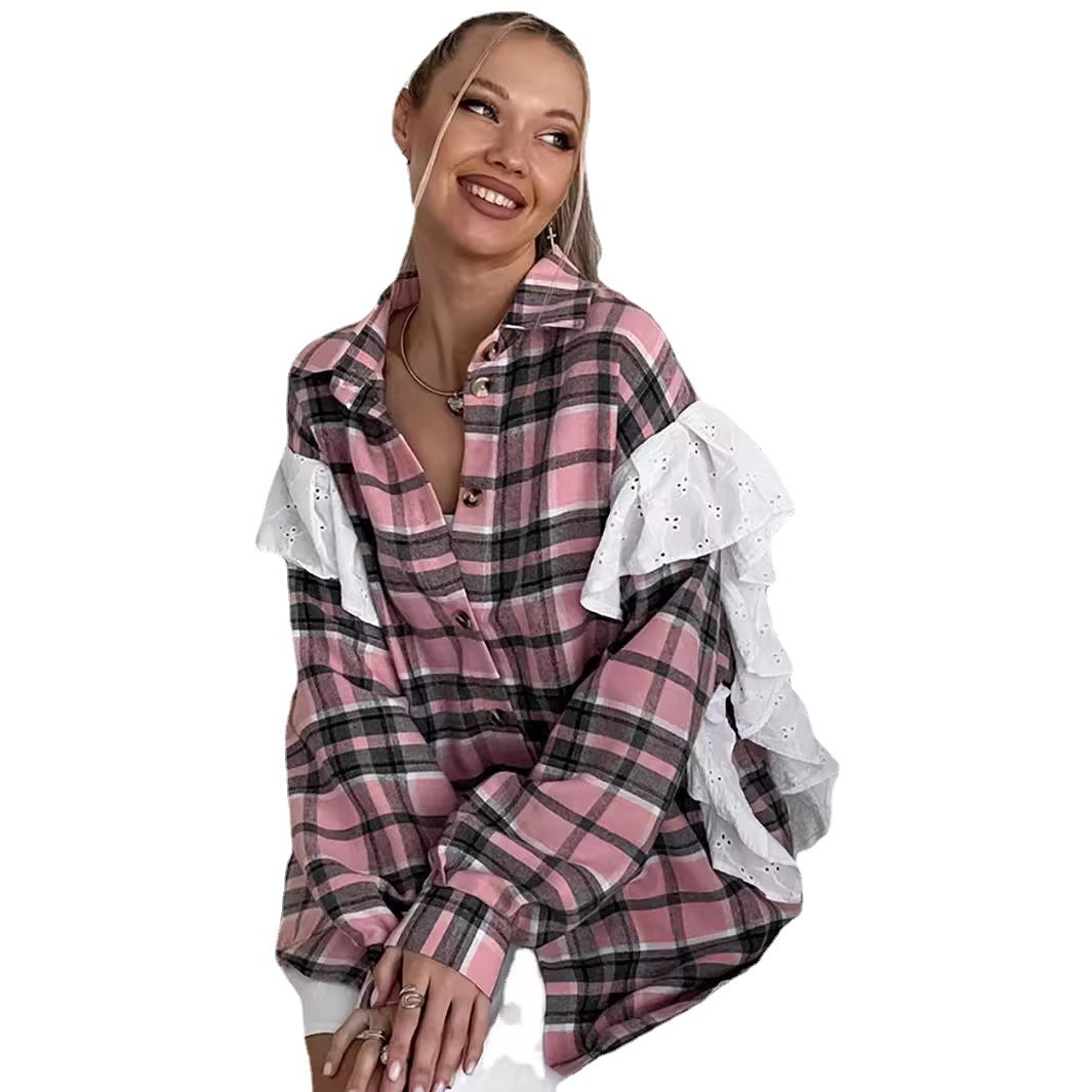 Checkered blouse for women with ruffle details Lune London