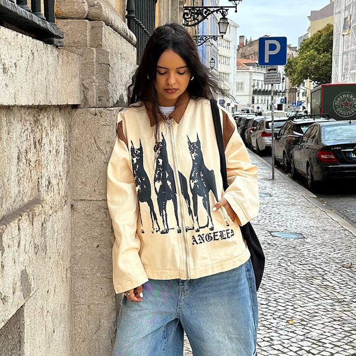 Streetwear jacket for women with a unique dog print and casual cuts Lune London