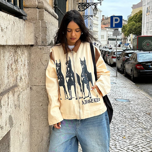 Streetwear jacket for women with a unique dog print and casual cuts Lune London