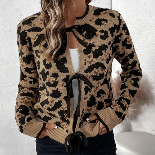 Fashionable knitted cardigan for women with bow detail and animal pattern Lune London