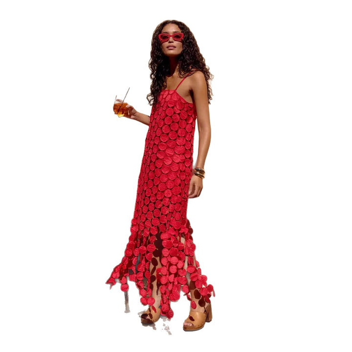 Women's maxi dress with decorative crochet applications and side slits Lune London
