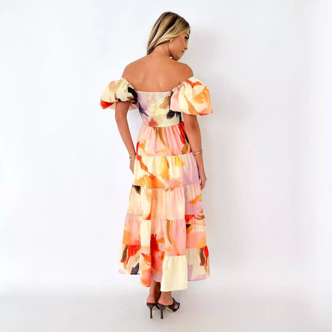 Maxi dress for women with off-shoulder design and voluminous ruffled sleeves Chic & Stil