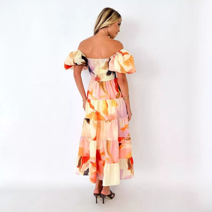 Maxi dress for women with off-shoulder design and voluminous ruffled sleeves Chic & Stil