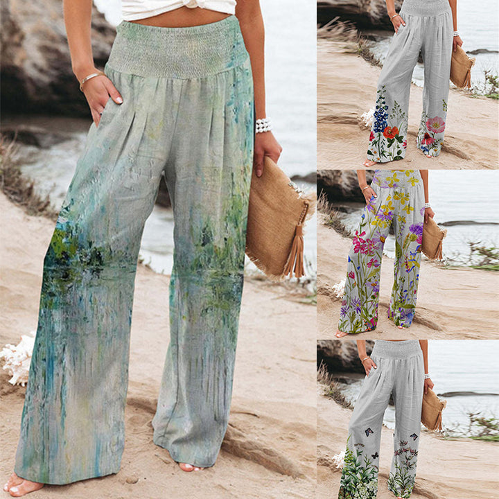 Summer wide trousers for women with a floral design and an elastic waistband Lune London