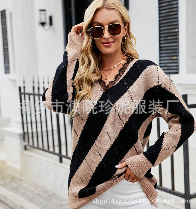 Knitted sweater for women with V-neck and modern diamond pattern Lune London