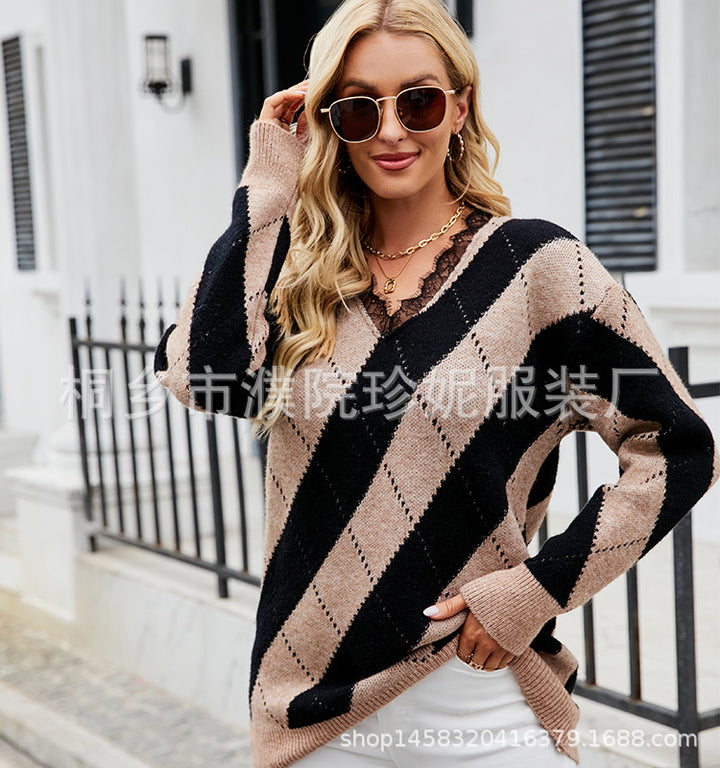 Knitted sweater for women with V-neck and modern diamond pattern Lune London