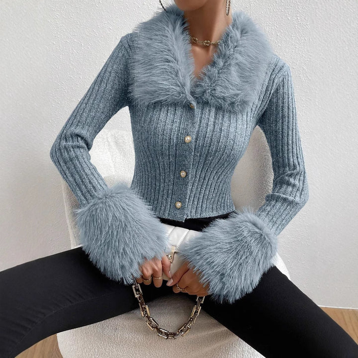 Trendy knitted sweater for women with a fluffy collar and chic and stylish sleeve finishes