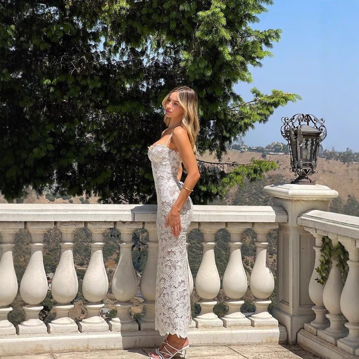 Lace dress for women with delicate spaghetti straps and a floral design Lune London