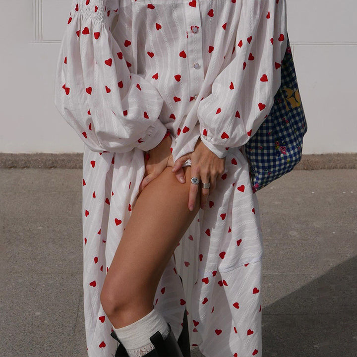 Maxi cotton dress for ladies with hearts and long sleeves Lune London