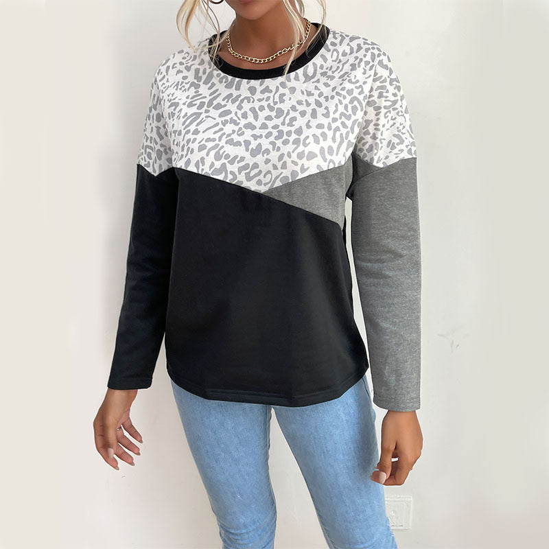 Chemise longue à manches longues pour femmes avec impression léopard créative et rayures en blocs Chic & Stil
