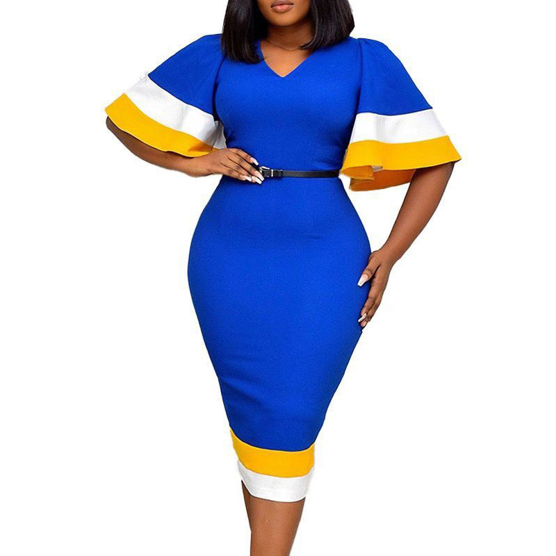 Ladies Elegant V Neck Dress with Contrasting Flutter Sleeves and Chic Waist Belt
