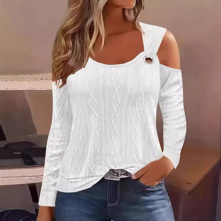 Ladies modern knit sweater with open shoulder design and decorative ring Lune London