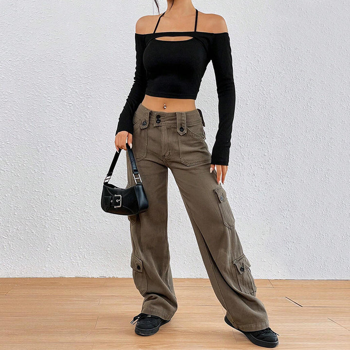 Haut court femme à épaules dénudées avec découpe asymétrique et manches longues Chic & Stil