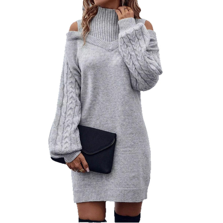 Knit dress for women with off-the-shoulder design and structured high collar Lune London