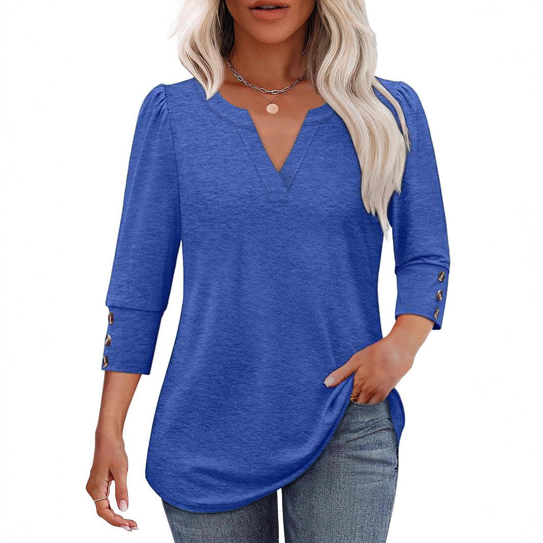 V-neck blouse for women with decorative button details Lune London