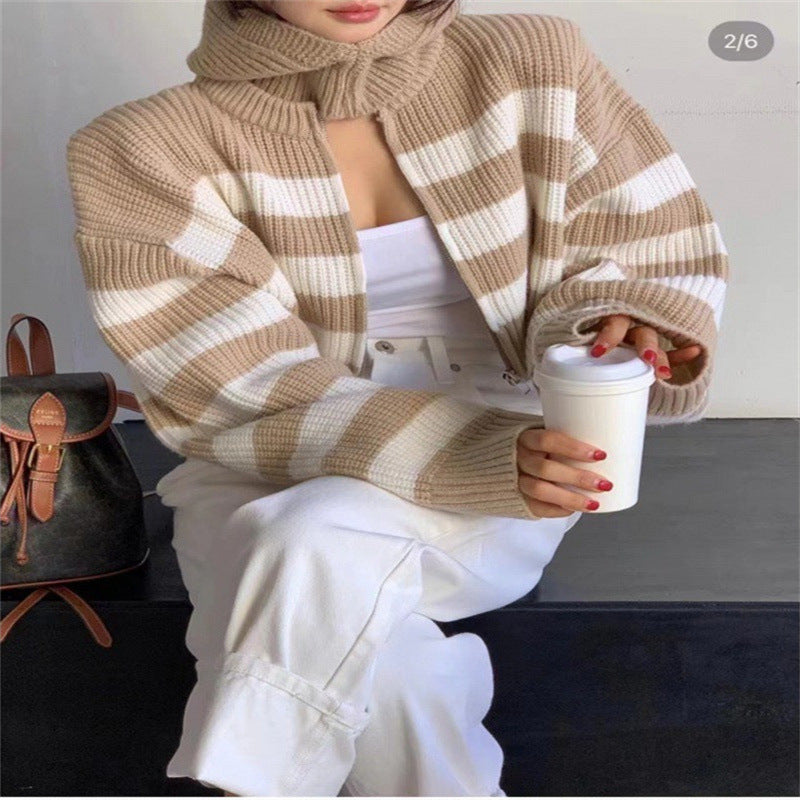 Ladies knitted jacket with high collar and wide stripes Lune London