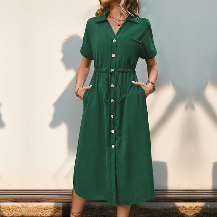 Women short dress with short sleeves, button placket and adjustable belt Lune London