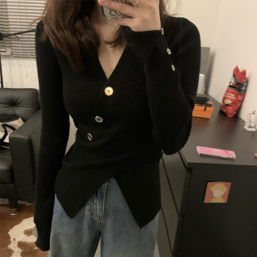 Cardigan en tricot à fines côtes pour femmes avec détails de boutons et col en V élégant Chic & Stil