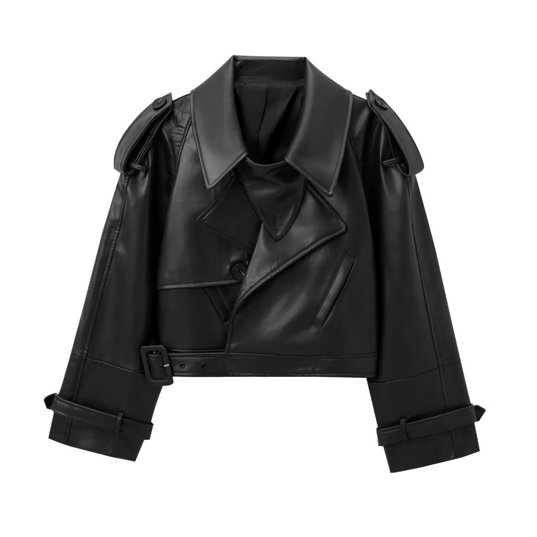 Women's Cropped Leather Motorcycle Jacket with Asymmetric Lapel Lune London