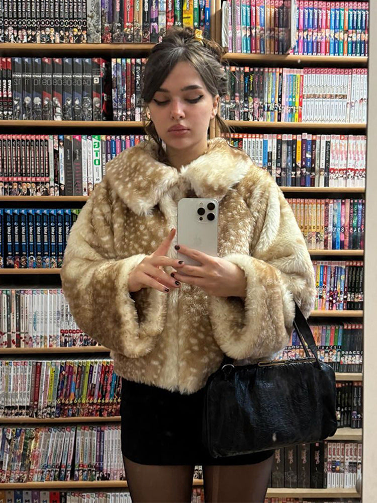 Ladies faux fur coat with wide collar and pretty ruffles Lune London
