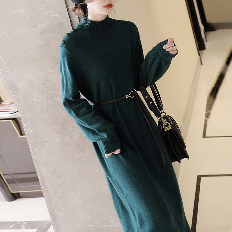Ladies Elegant maxi knit dress with high collar and decorative buttons Lune London