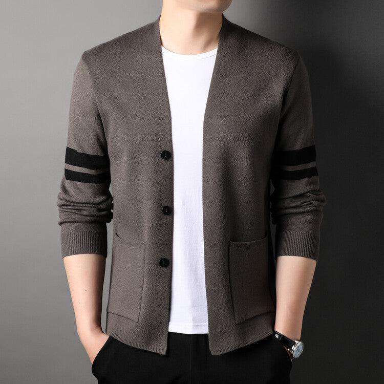 Fashion knitted cardigan for men with low collar and decorative stripes Lune London