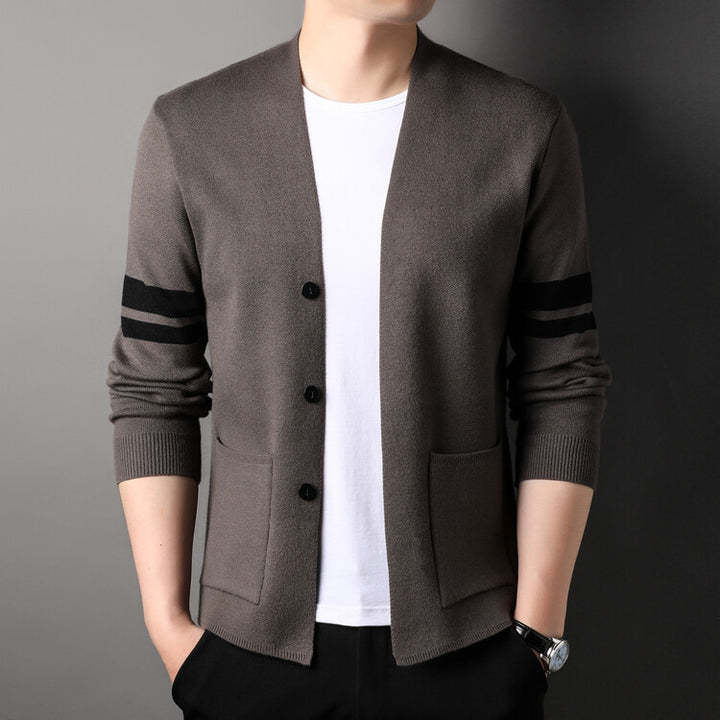 Fashion knitted cardigan for men with low collar and decorative stripes Lune London