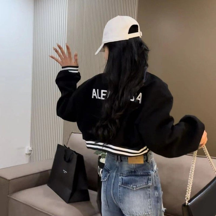 Women's casual cropped bomber jacket with contrasting stripes and snap buttons Lune London
