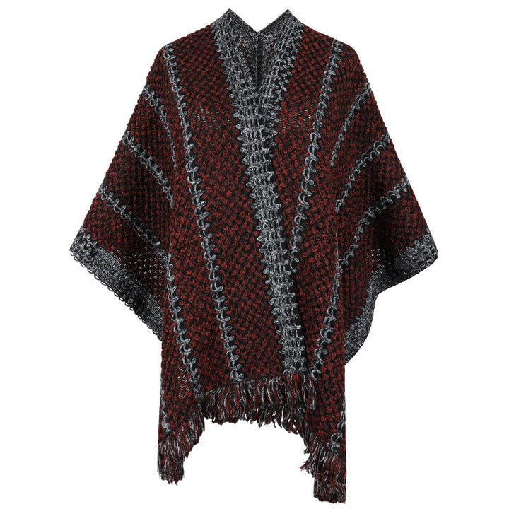 Knit poncho for women with V-neck and fringes Lune London