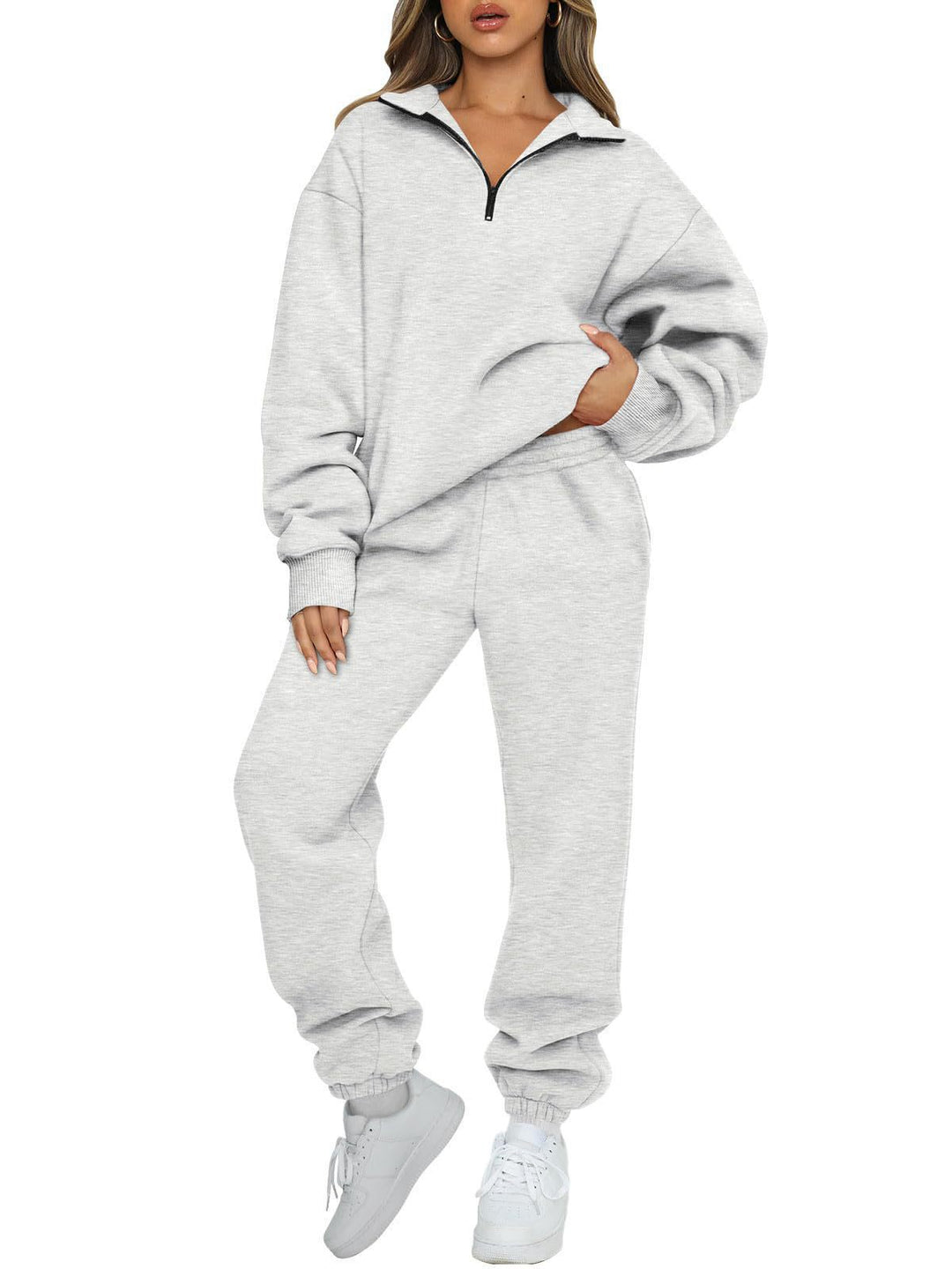 Women's comfortable sweatpants set with modern stand-up collar and kangaroo pocket Lune London