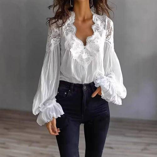 Women's Flowing Blouse with Lace Applications and Long Ruffle Sleeves Lune London
