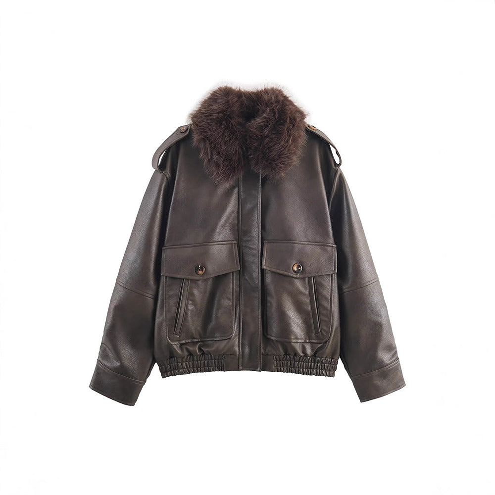 Women's faux leather jacket with removable faux fur collar and practical pockets Lune London