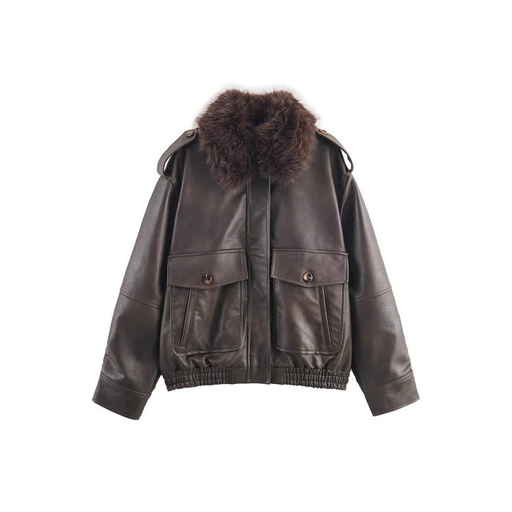 Women's faux leather jacket with removable faux fur collar and practical pockets Lune London