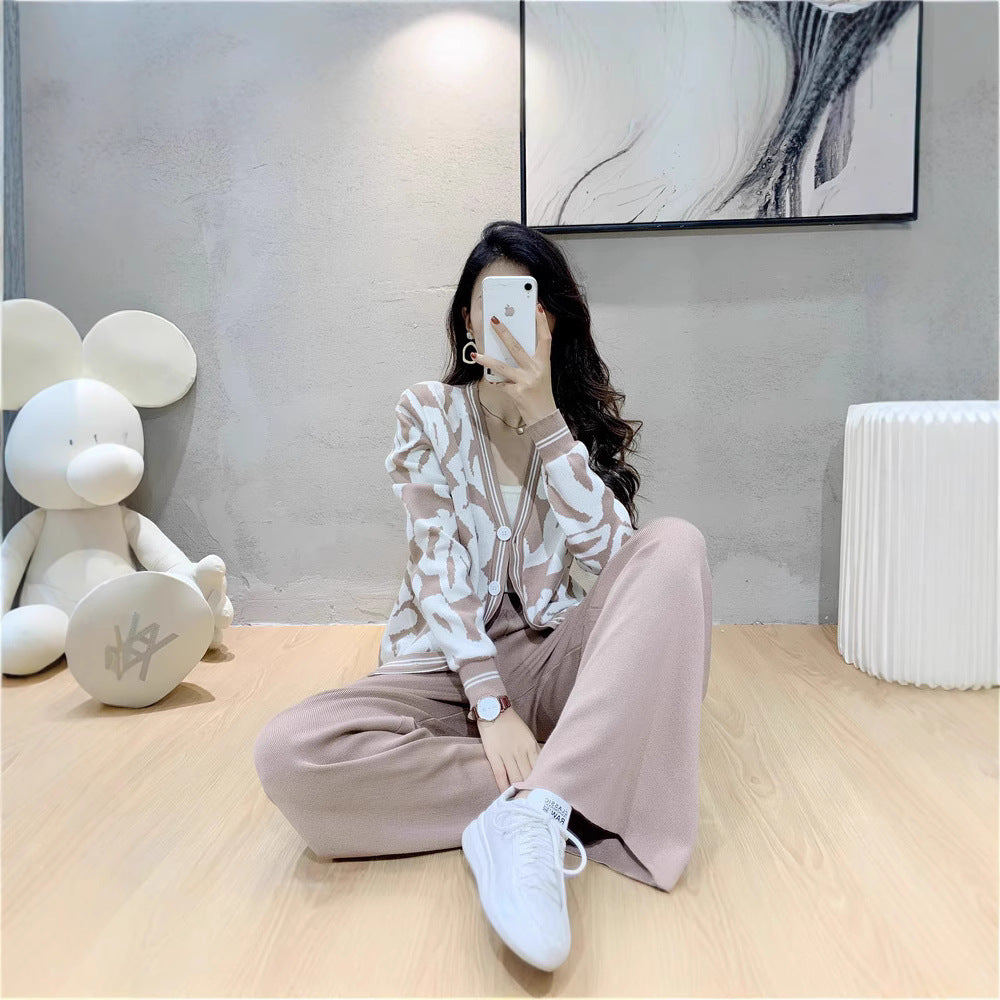 Ladies Fashion Knit Top with a Sophisticated Graphic Pattern and Casual Chic Pants and Style