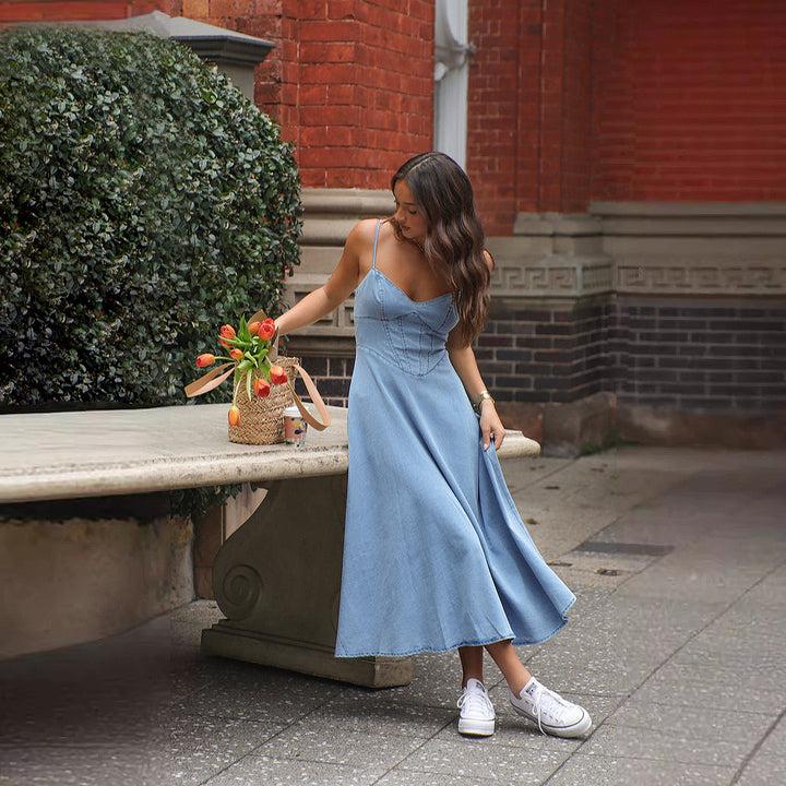 Women's maxi dress in denim style with fitted cut and spaghetti straps