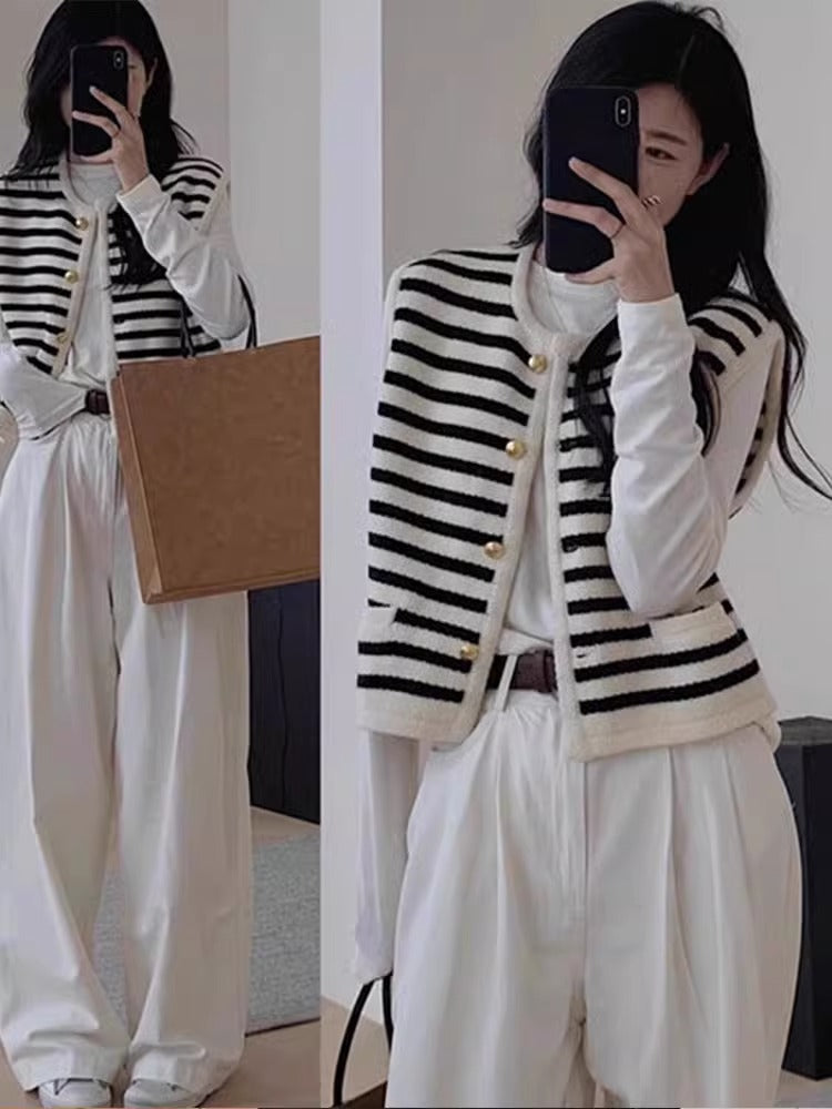 Striped contrast knit vest for women with golden buttons Lune London