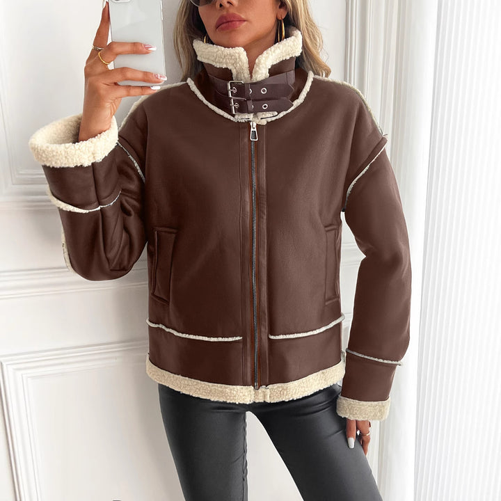 Stylish faux leather jacket for women with sheepskin collar Lune London