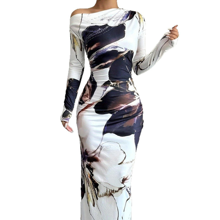 Elegant maxi dress for women with original artistic print and off-shoulder design Lune London