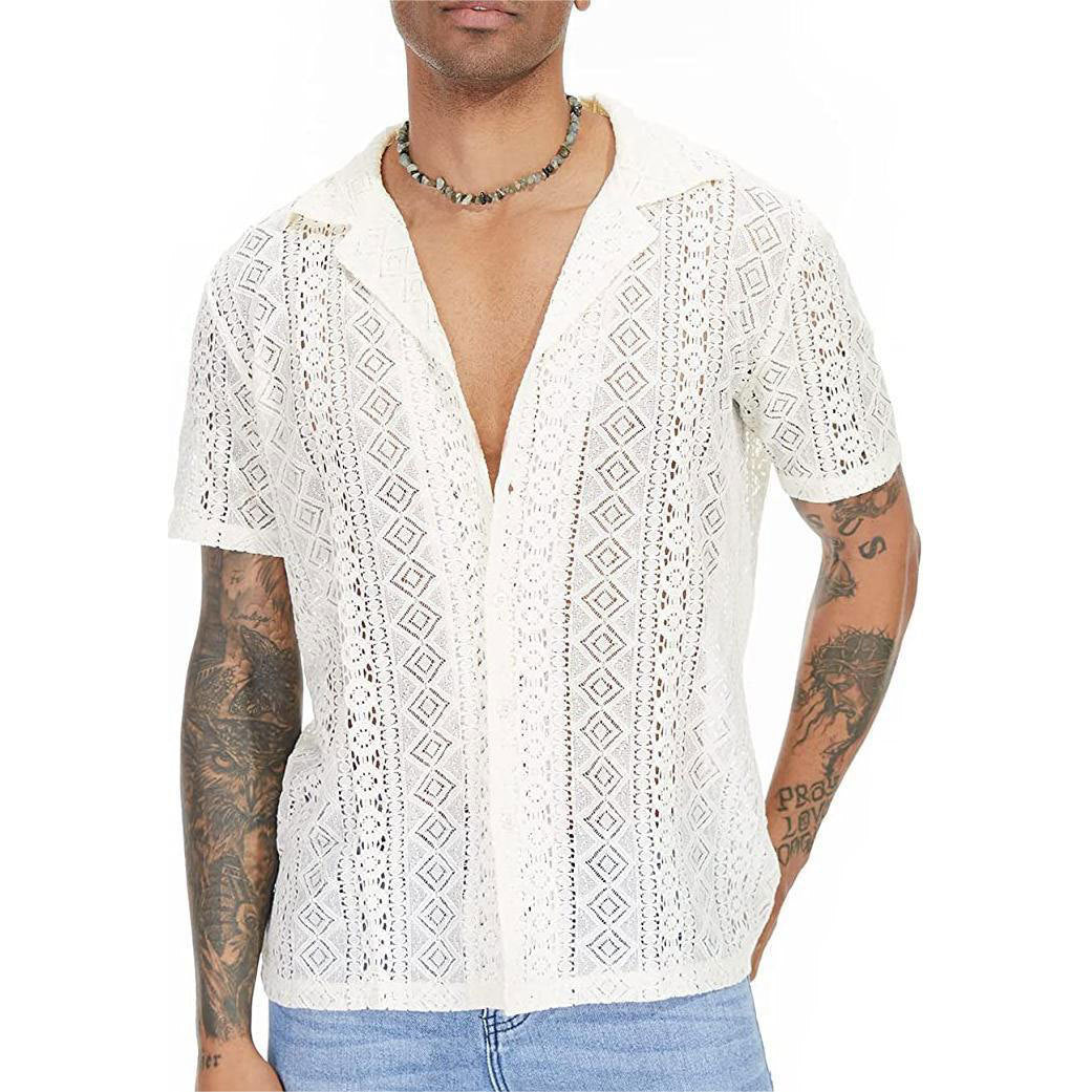 Short short-sleeve shirt for men with structured crochet pattern Lune London