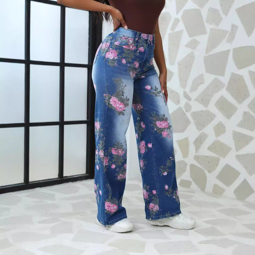 Floral wide-leg jeans for women with a trendy high-waisted design Lune London