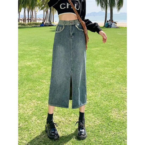 Jupe en denim longue pour femme avec fente haute Chic & Stil