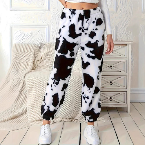 Women's plush pants with a trendy cow spot pattern and an elastic waist Lune London