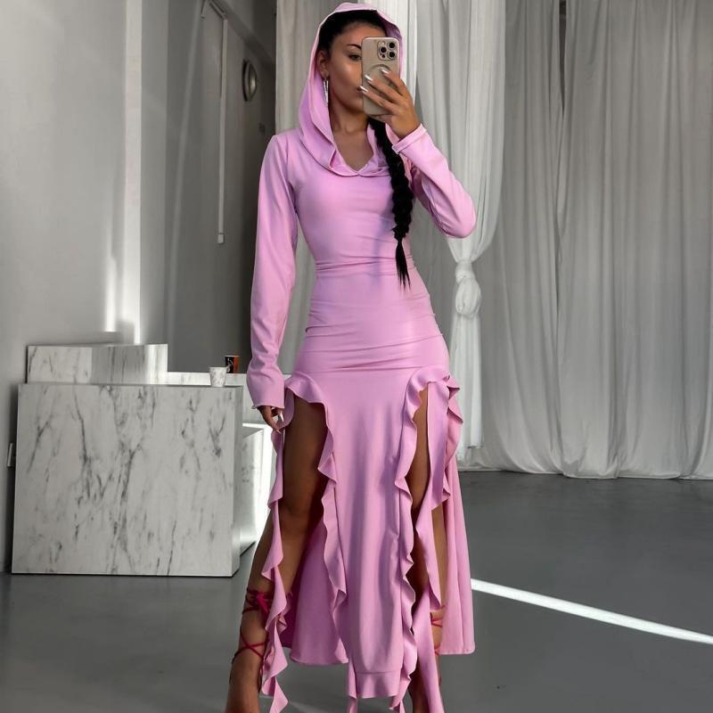 Maxi dress with long sleeves for women with hood and ruffle details Lune London